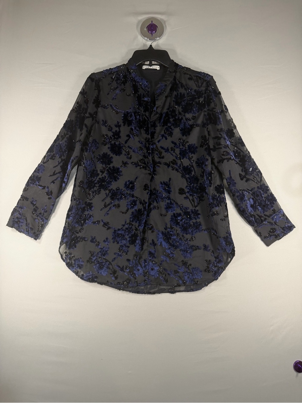 Alice + Olivia Black Sheer Blouse with Deep Blue Velvet Floral Burnout